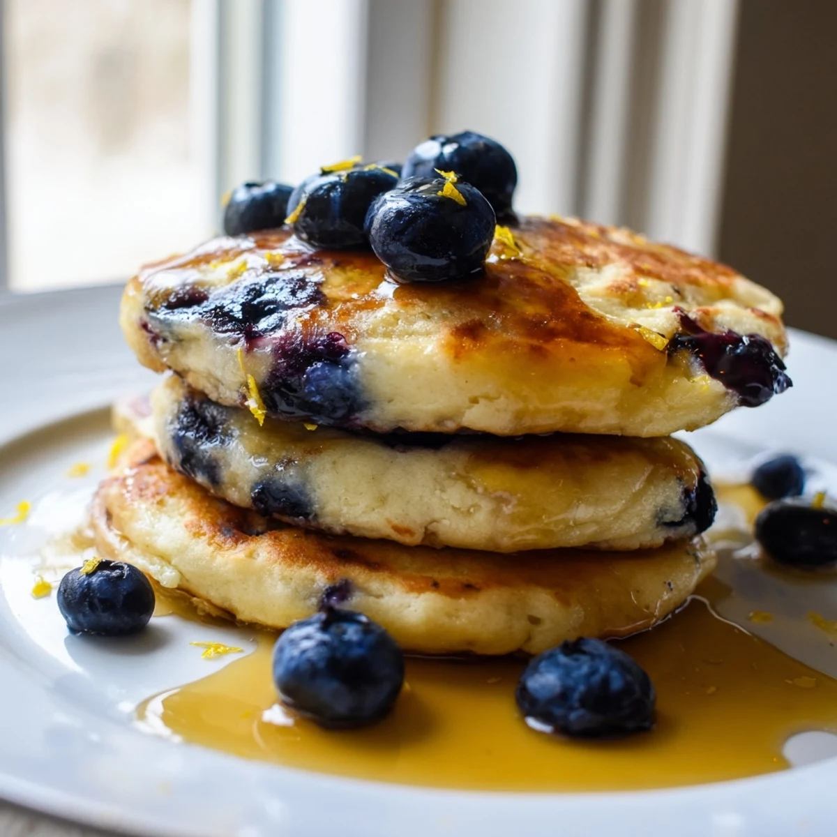 Freshly cooked Lemon Blueberry Pancakes on a white plate, dusted with powdered sugar and ready to be enjoyed for a bright breakfast.