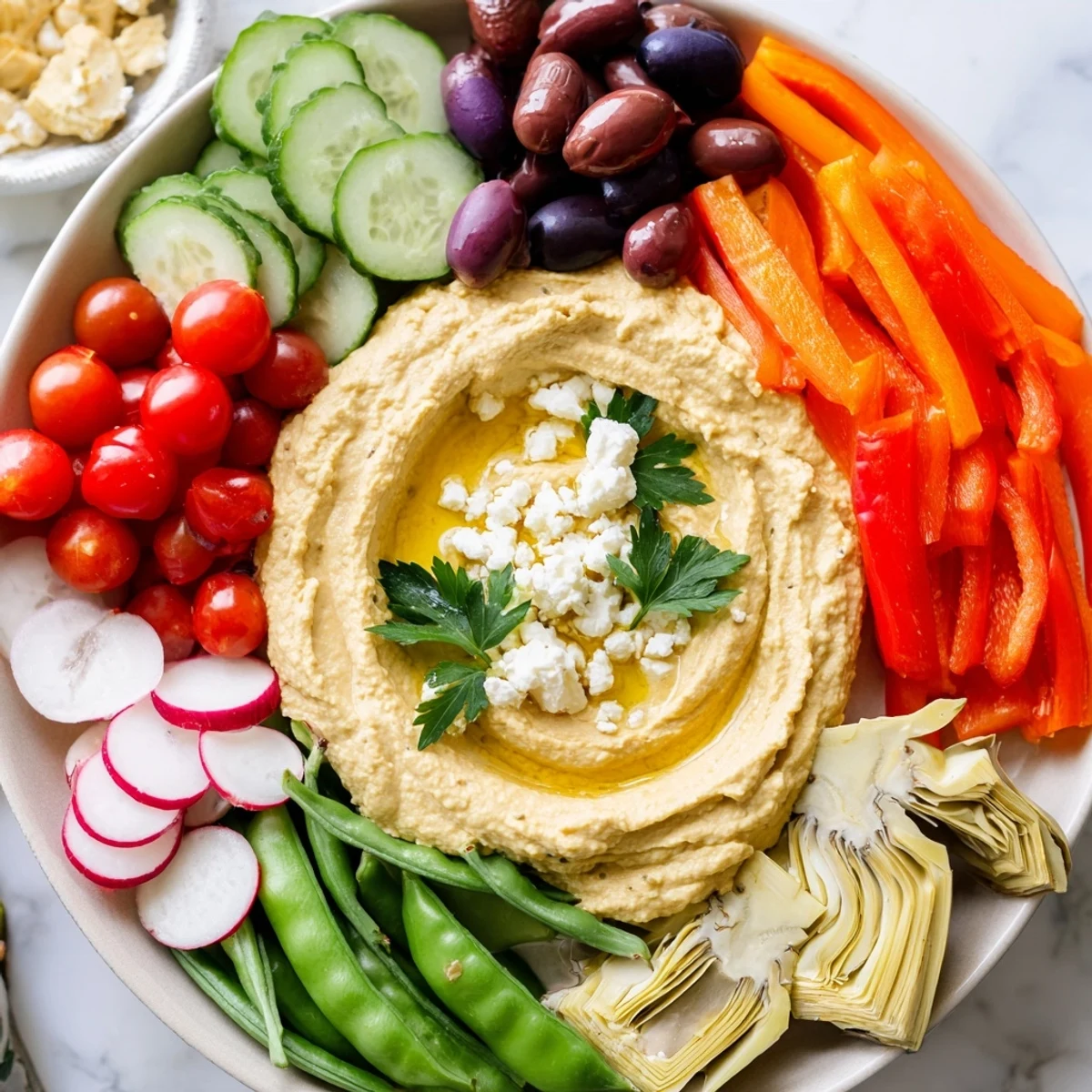 Creamy Mediterranean Hummus Platter with Veggies, drizzled in olive oil and surrounded by crisp carrots and cucumbers.  