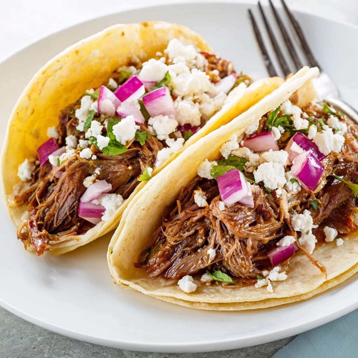 Hearty slow cooker shredded beef tacos with lime, featuring juicy meat and fresh toppings like red onion, perfect for a family dinner.