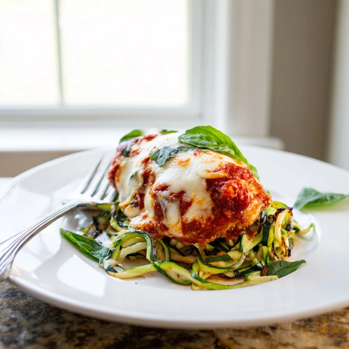 Golden-brown baked chicken parmesan with melted mozzarella and marinara served over fresh green zucchini noodles.