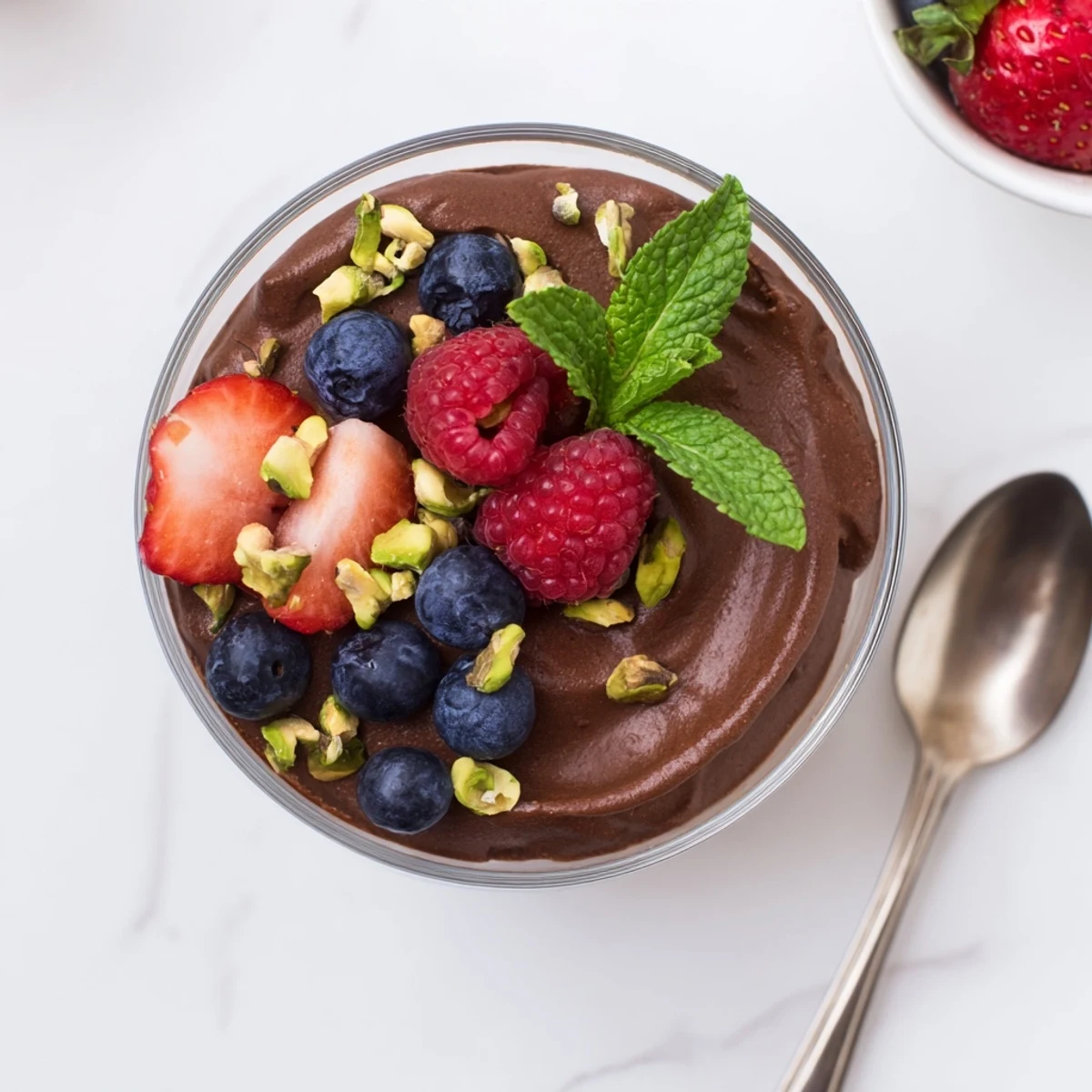 Rich Dark Chocolate Avocado Mousse garnished with mint leaves and chopped pistachios.