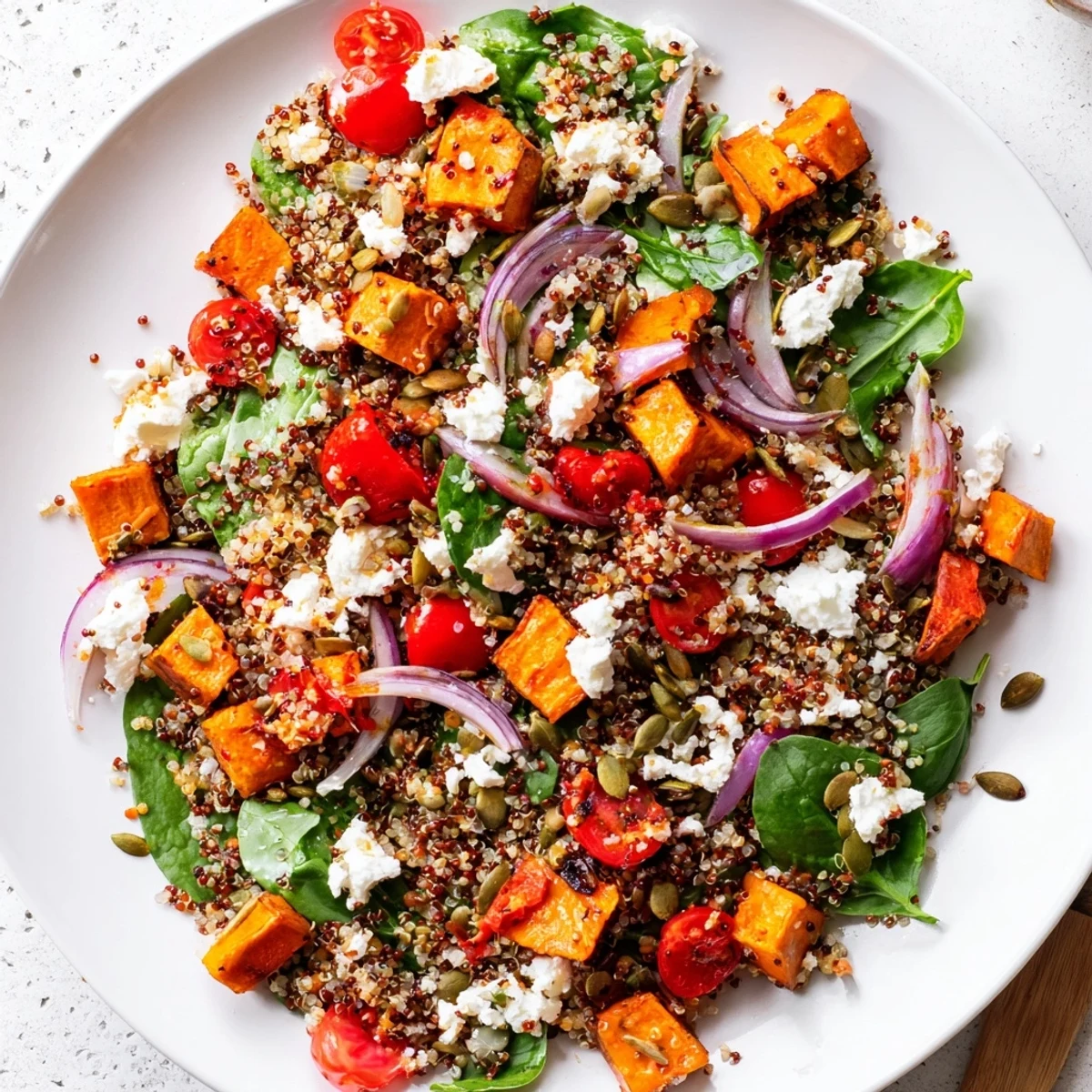 A vibrant bowl of Warm Quinoa Salad with Roasted Sweet Potato, featuring caramelized sweet potato cubes, fluffy quinoa, and fresh parsley on a white plate.