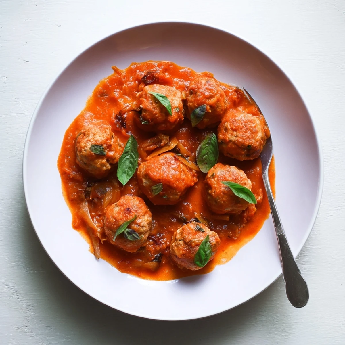Golden turkey meatballs in roasted tomato sauce, garnished with fresh basil and served over spaghetti for a comforting Italian-American dinner.