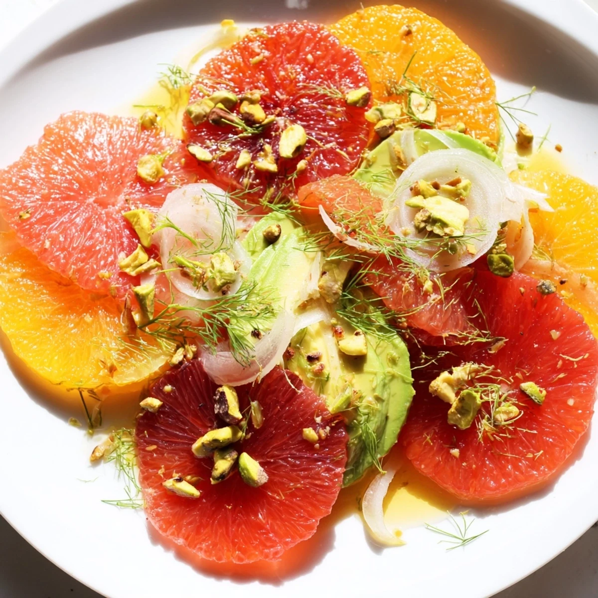 Serving a gorgeous Winter Citrus Salad with Avocado and Fennel topped with crunchy pistachios, delicate fennel fronds, and a drizzle of lemony dressing.