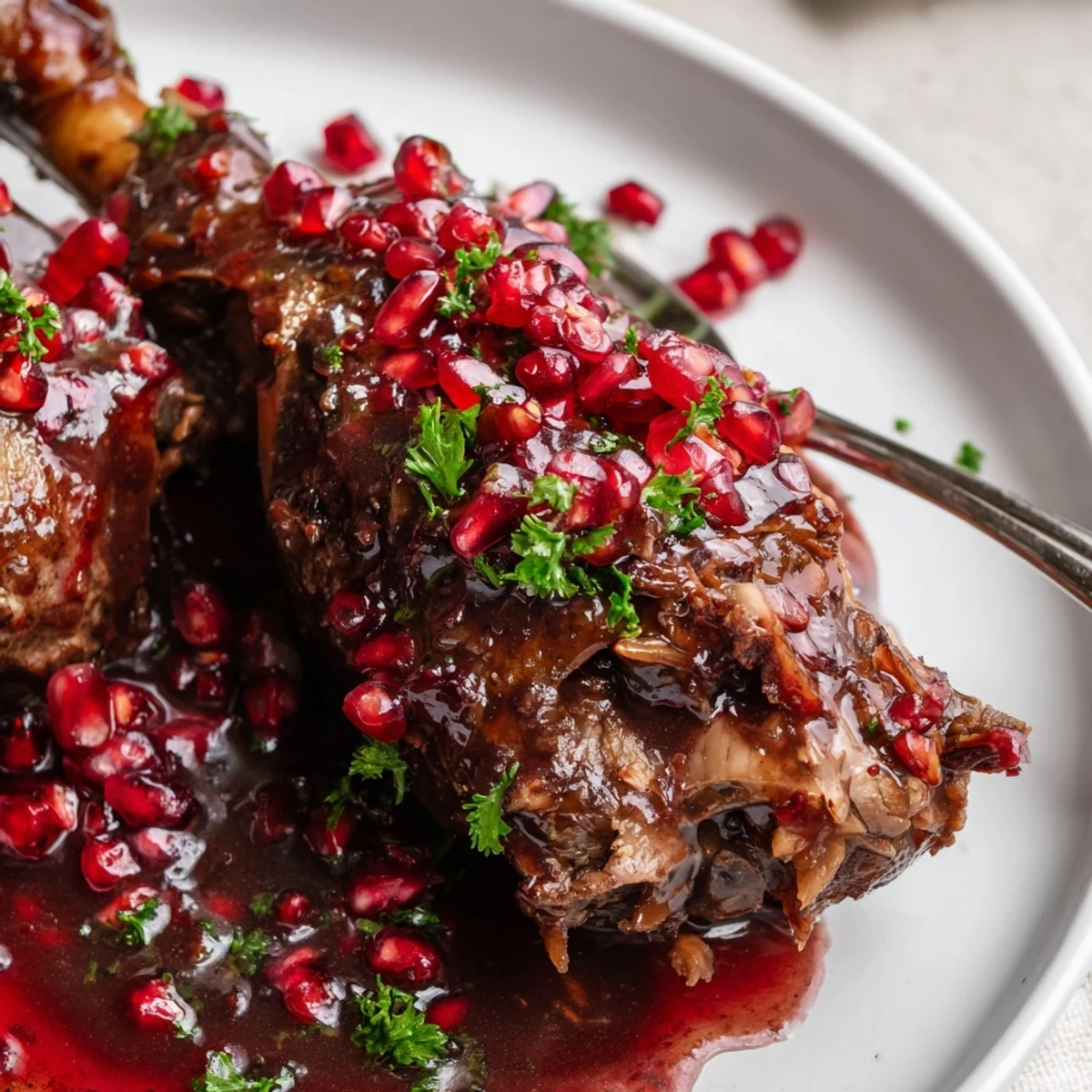 Four well-browned lamb shanks sit in a Dutch oven, glistening with deep red pomegranate glaze and sprinkled with fresh parsley and jewel-like seeds.