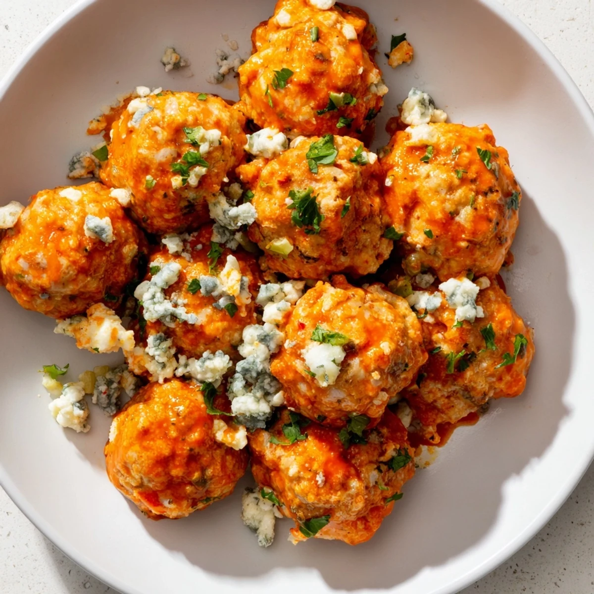 Golden-brown Game Day Spicy Buffalo Chicken Meatballs glistening with a vibrant red sauce, ready to be served with cool celery sticks.