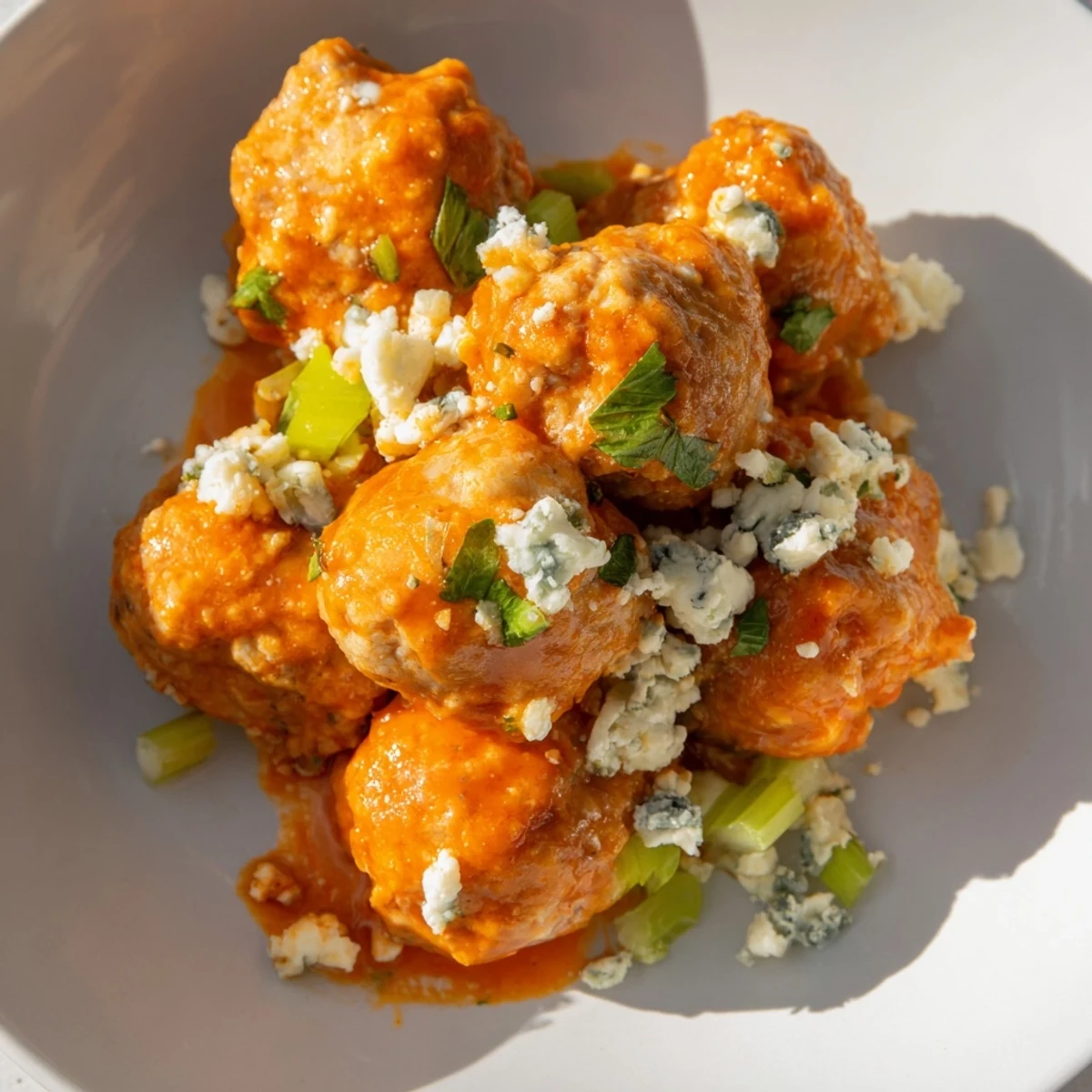 A close-up of a Game Day Spicy Buffalo Chicken Meatball, highlighting its juicy texture and tangy, buttery buffalo coating.