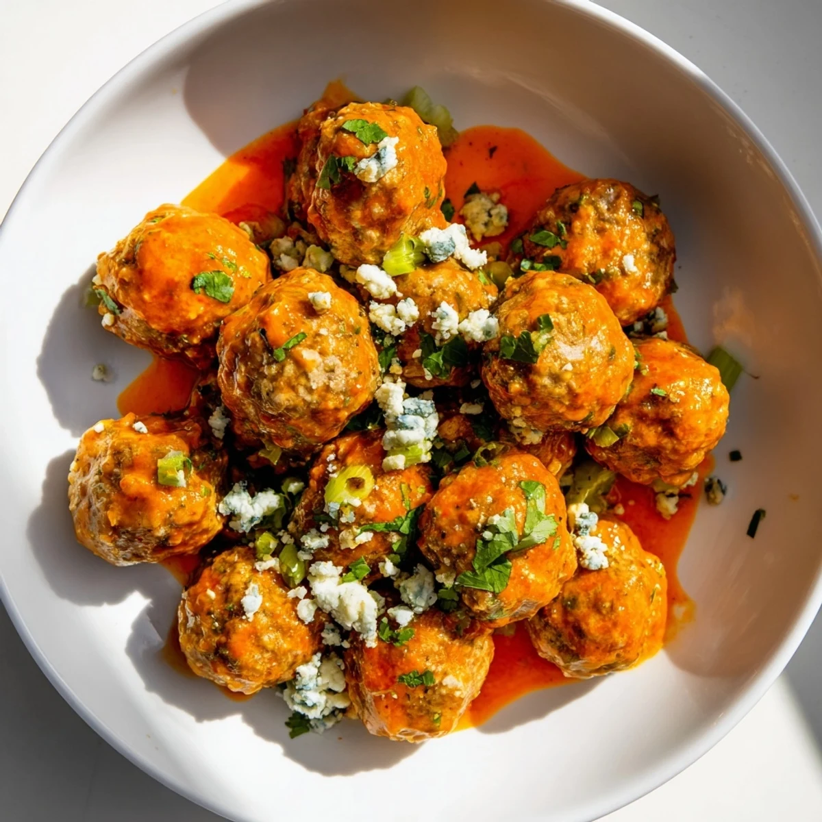 Tender Game Day Spicy Buffalo Chicken Meatballs piled high on a platter, garnished with fresh parsley and blue cheese crumbles.