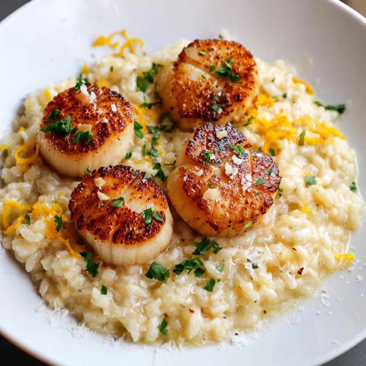 Golden-seared scallops rest on creamy lemon risotto, garnished with fresh parsley and zest.