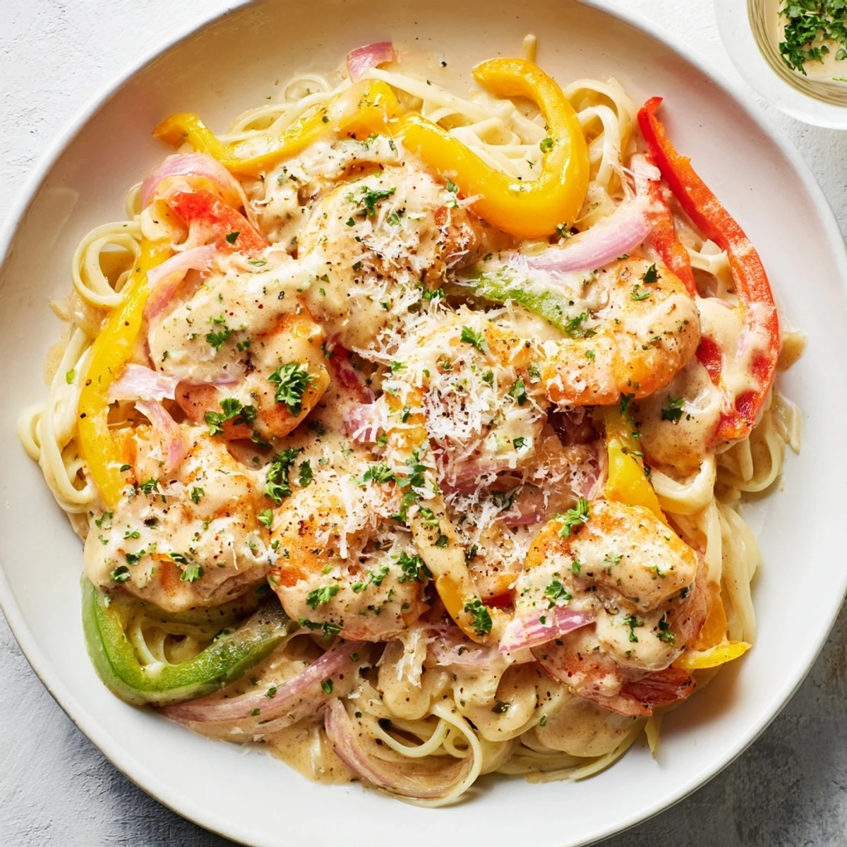 Steaming Mardi Gras Cajun Shrimp Pasta with colorful bell peppers and a creamy, spicy sauce.