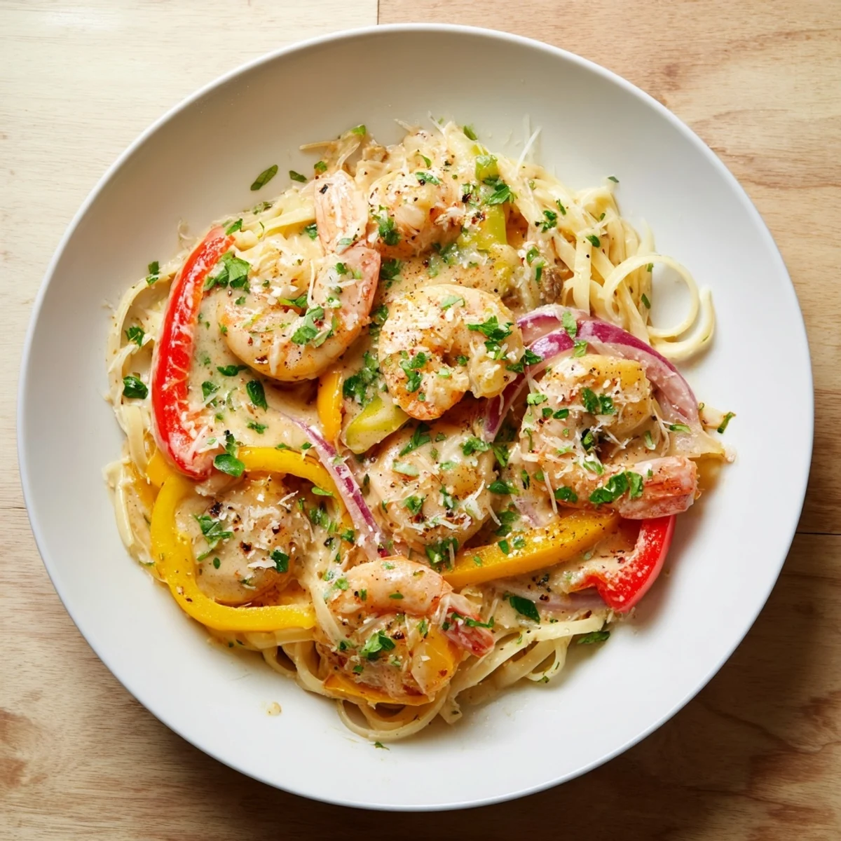 Vibrant fettuccine tossed with tender shrimp, sweet peppers, and Cajun spices on a festive plate.