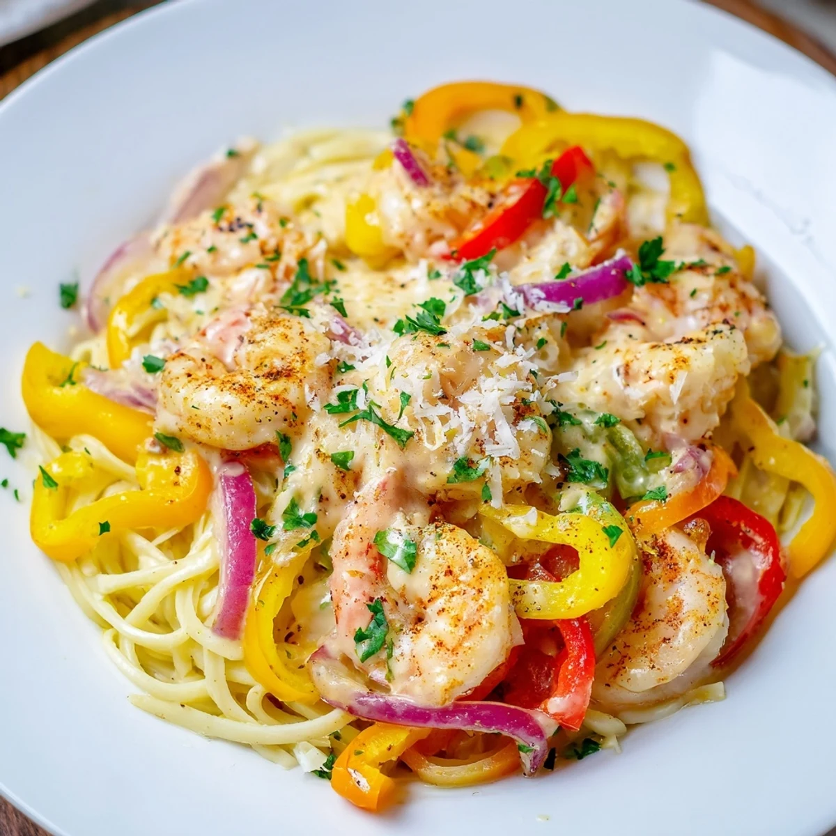 Ready-to-serve Mardi Gras Cajun Shrimp Pasta garnished with parsley and lemon wedges for brightness.