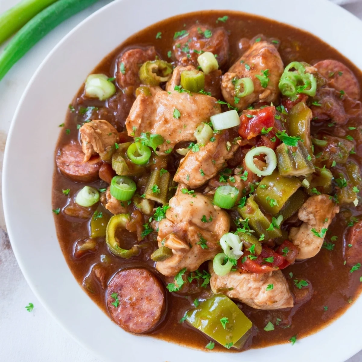 Garnished with parsley and green onions, New Orleans Style Chicken Gumbo simmers in a Dutch oven over steam. 