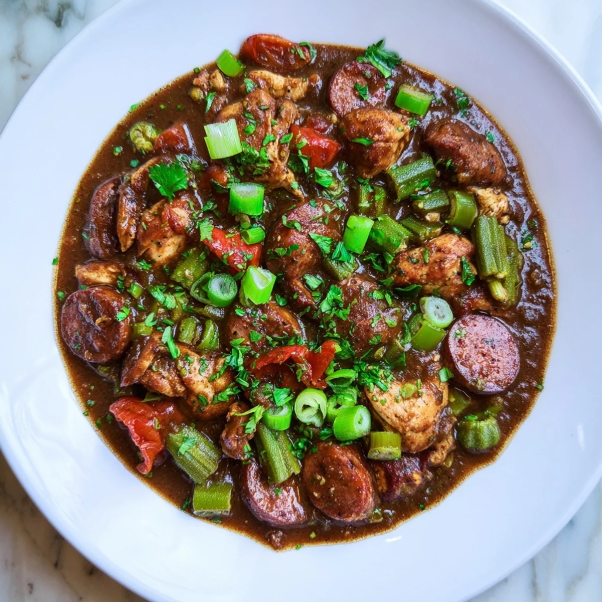 A ladle scoops rich New Orleans Style Chicken Gumbo with okra and sausage over fluffy white rice. 