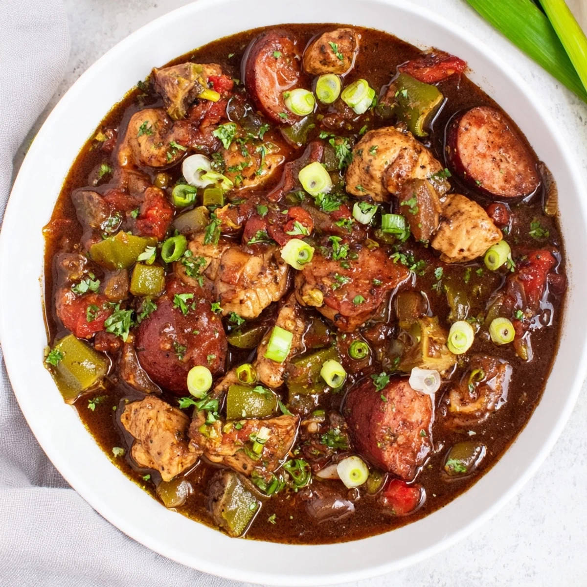Smoky steam rises from dark roux New Orleans Style Chicken Gumbo simmering with chicken, sausage, and peppers.