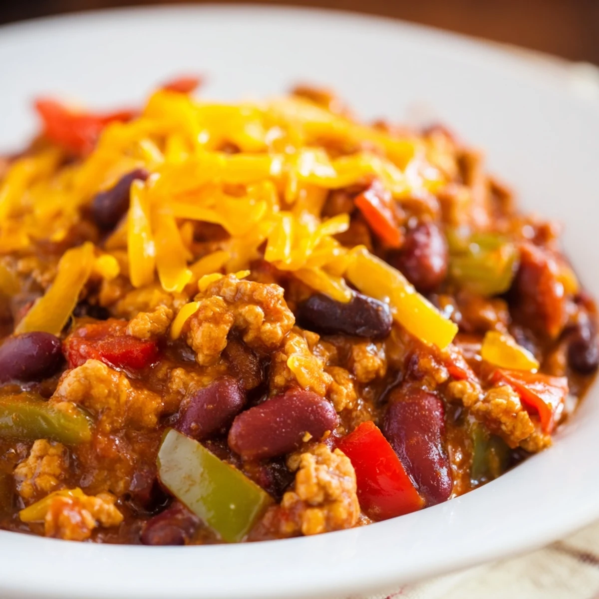 Hot Touchdown Turkey Chili with Cheddar Cheese steams in a bowl, topped with sour cream and fresh cilantro.