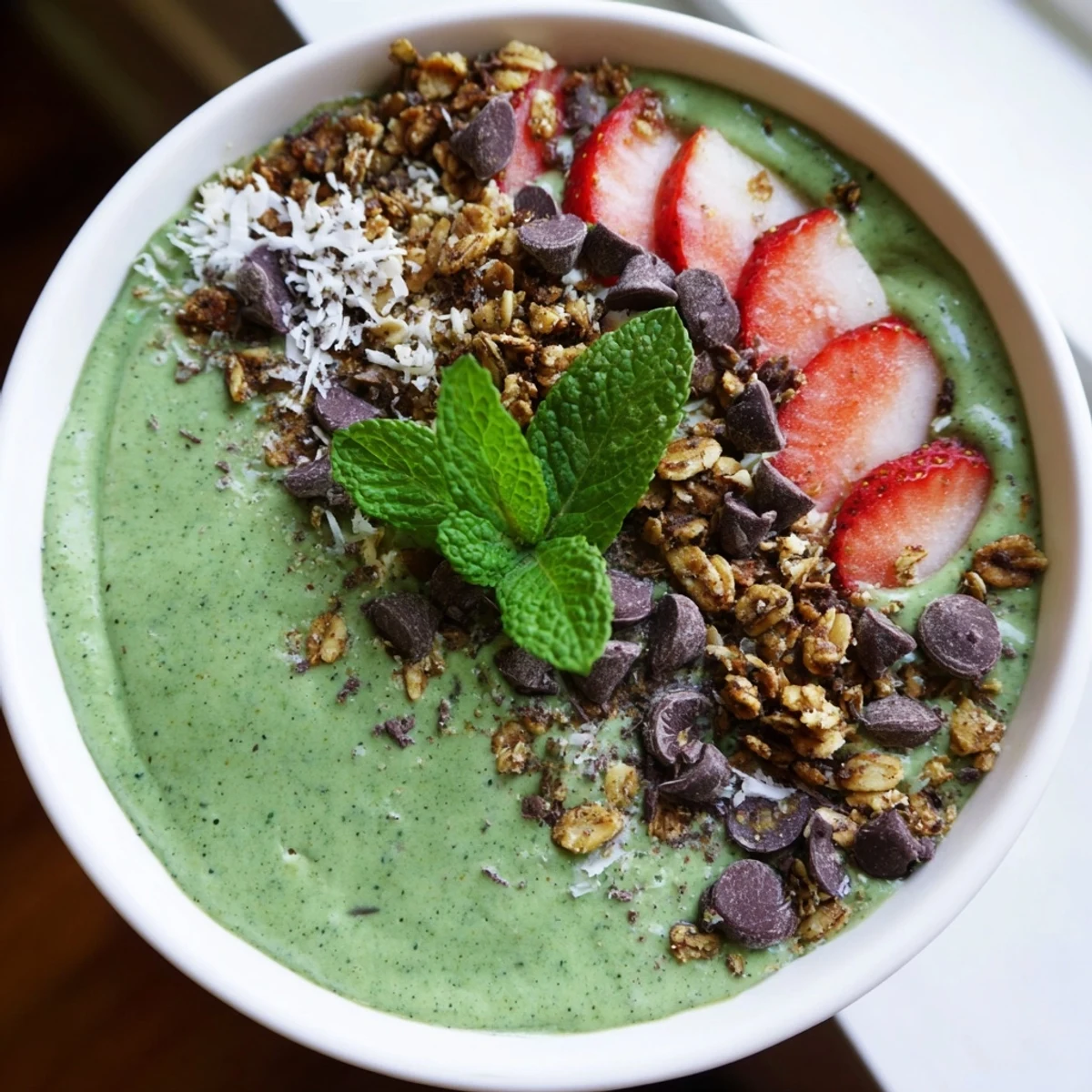 A close-up of the vibrant Emerald Isle Mint Chocolate Smoothie Bowl, topped with fresh strawberries, granola, and cacao nibs.  