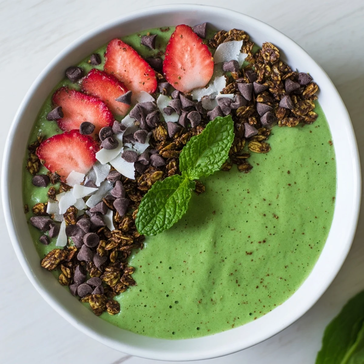 Spoon dipping into the rich, green Emerald Isle Mint Chocolate Smoothie Bowl showing layers of banana, spinach, and chocolate toppings.