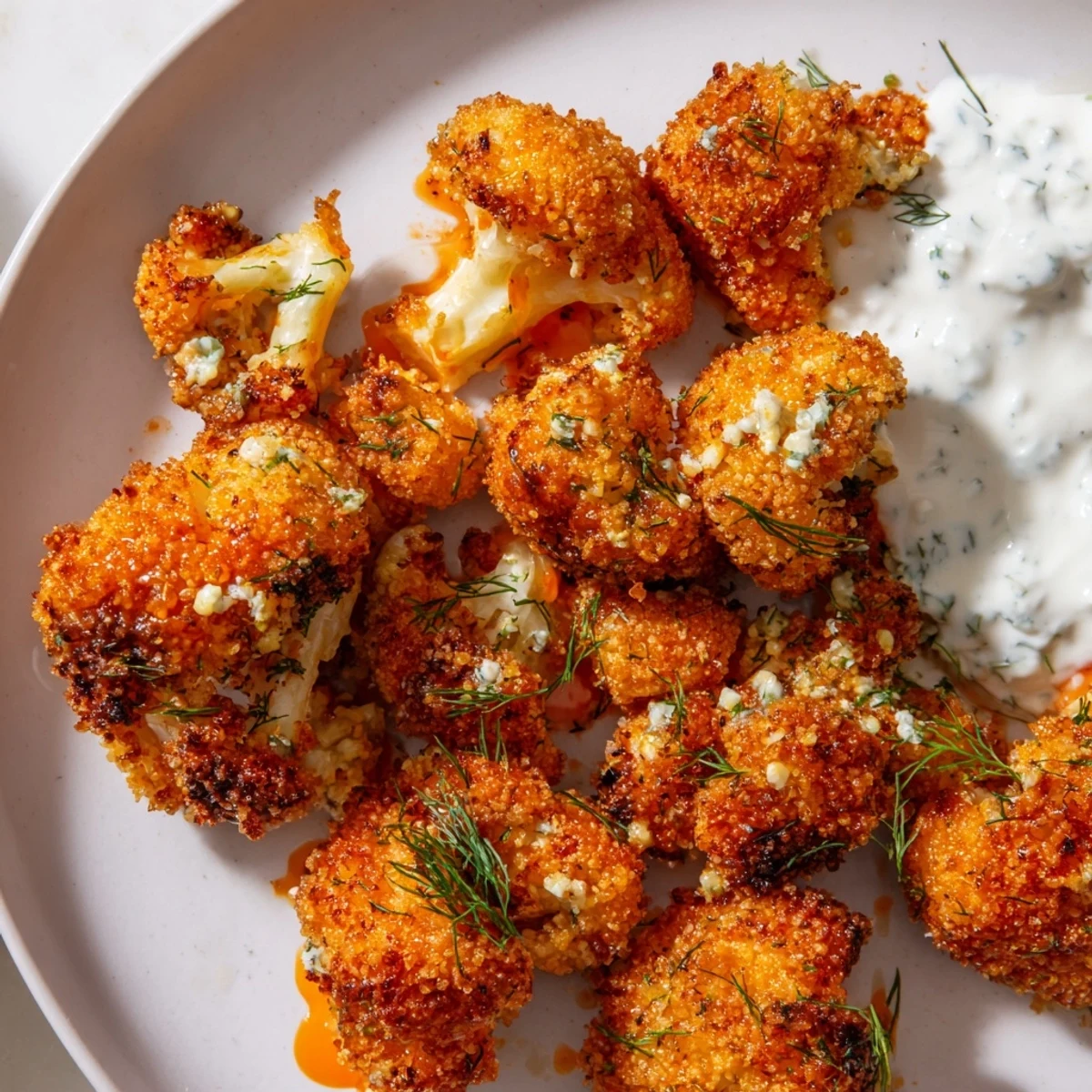 Oven-baked Crispy Buffalo Cauliflower Bites with Ranch glistening with tangy sauce and a cool, herby dip. 