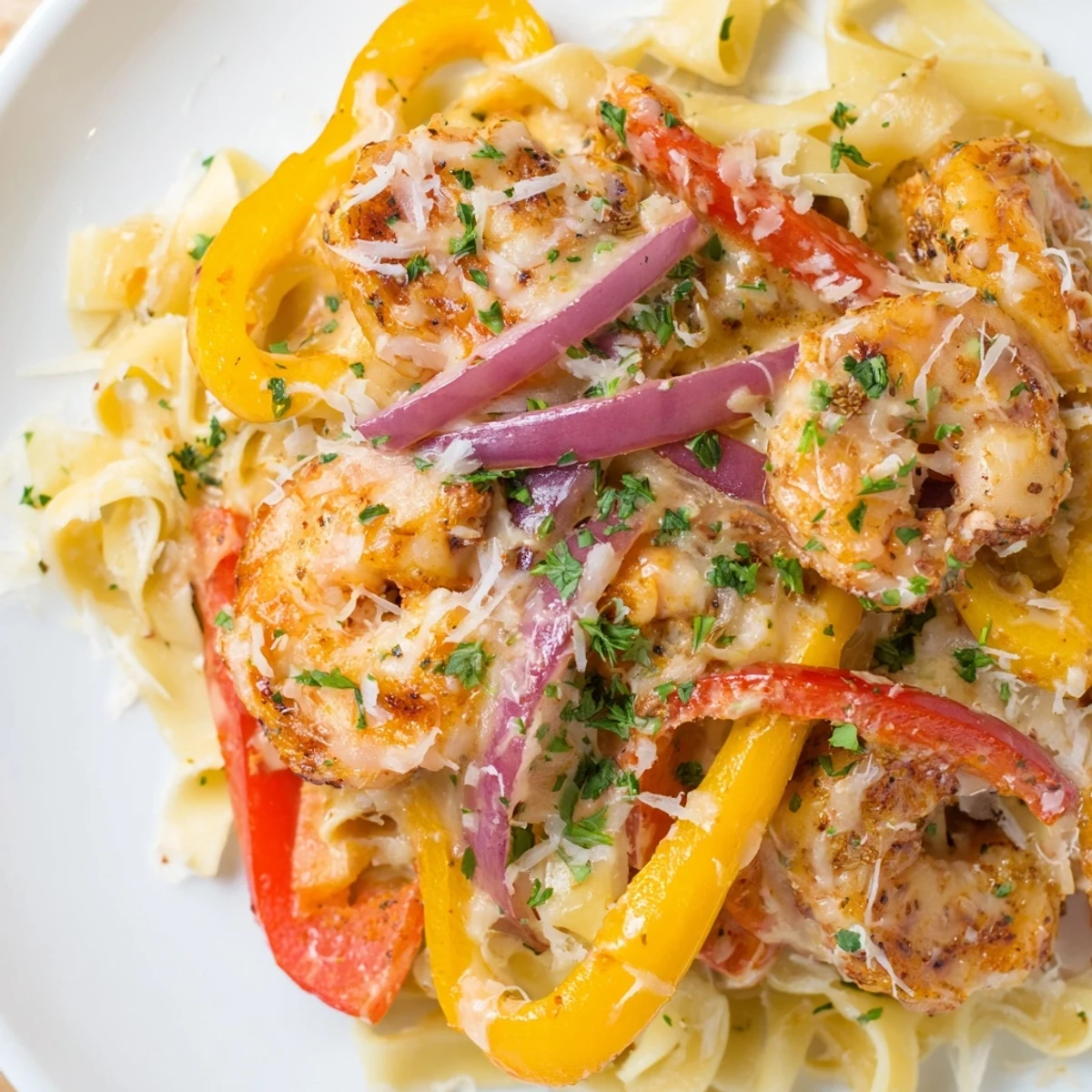 A skillet of Creamy Cajun Shrimp Pasta with Bell Peppers beside a glass of white wine.