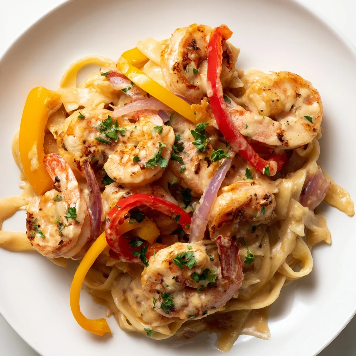 Fettuccine noodles coated in a spicy, creamy sauce with sautéed red and yellow bell peppers.
