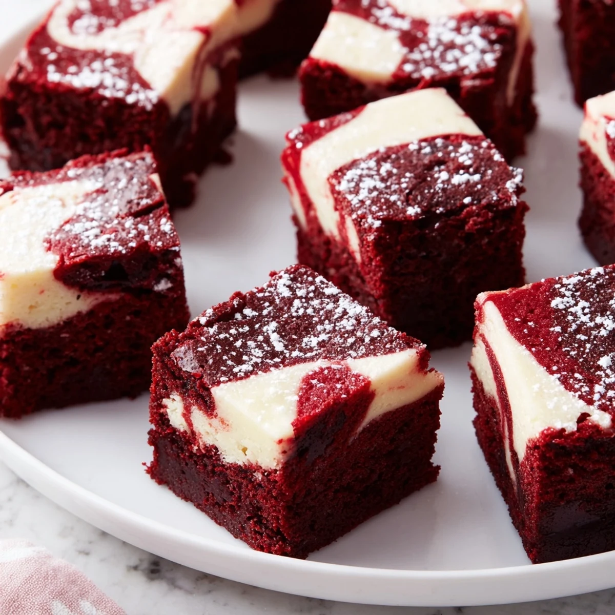 Freshly baked Red Velvet Cheesecake Brownie Bites stacked on a cooling rack, showing the rich red interior.