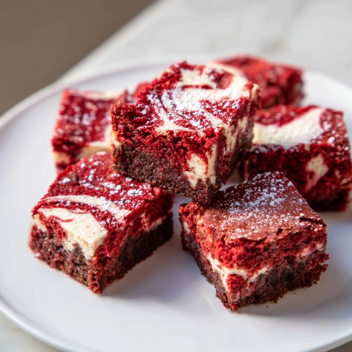 A hand holding a single Red Velvet Cheesecake Brownie Bite, revealing the fudgy texture and creamy cheesecake layer.