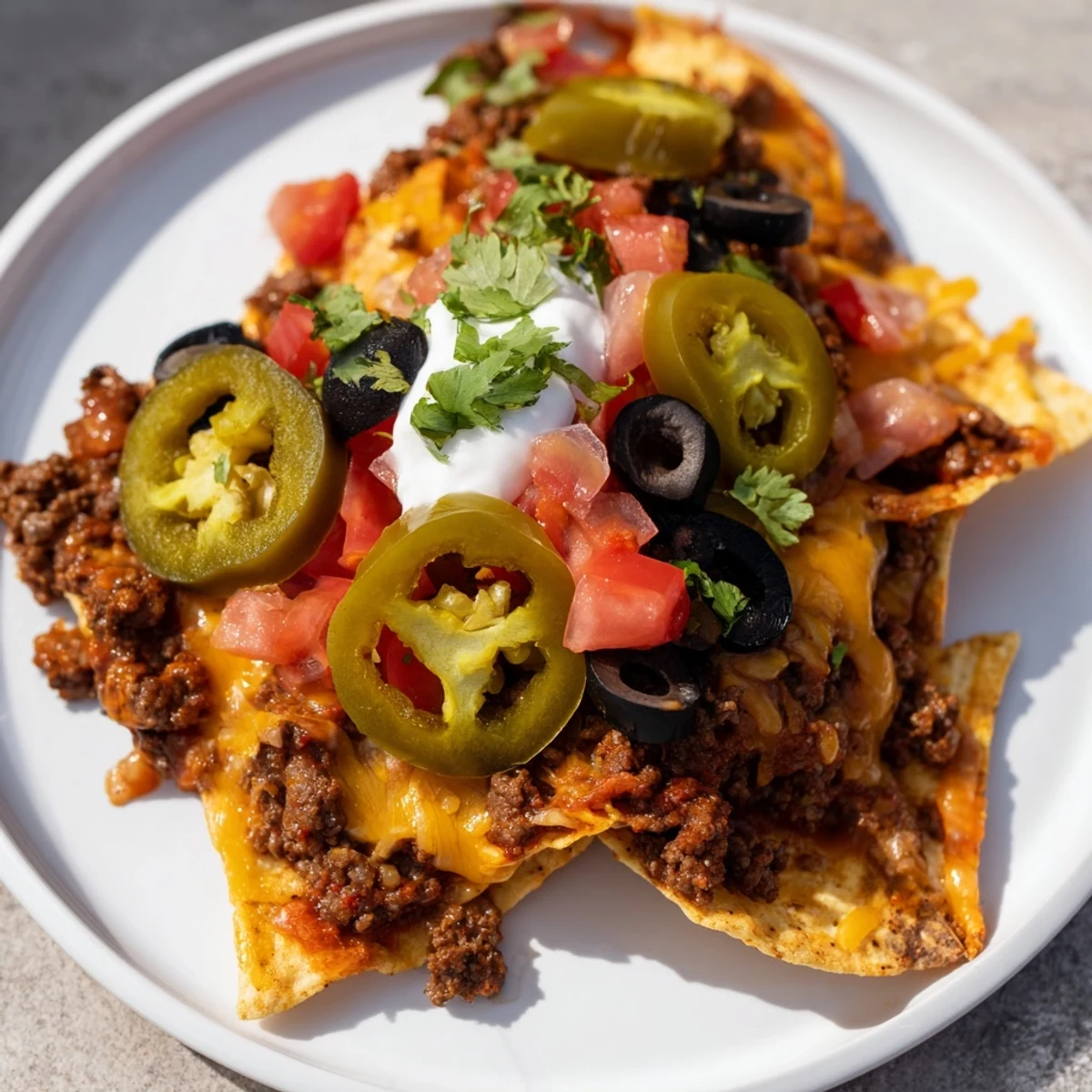 Freshly baked Spicy Beef Nacho Platter with Jalapeños featuring melted cheddar and Monterey Jack cheese on crispy tortilla chips.
