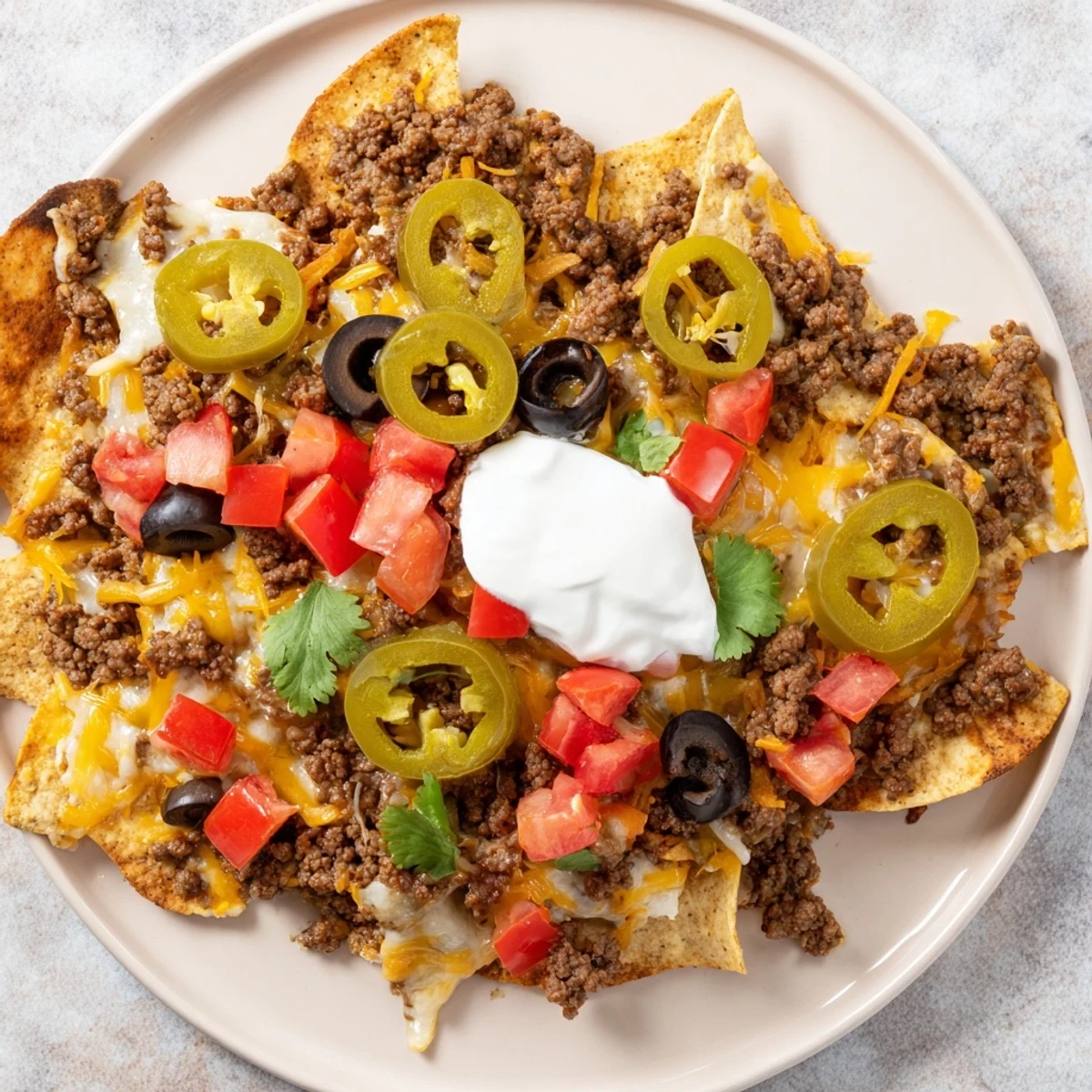 A serving of Spicy Beef Nacho Platter with Jalapeños, drizzled with sour cream and fresh cilantro, perfect for game day.