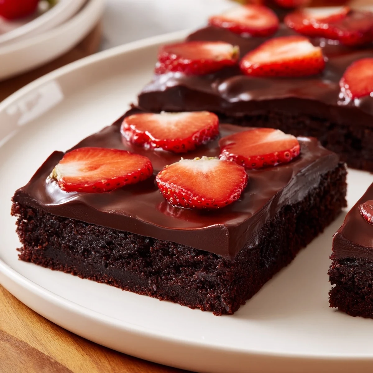 Rich, fudgy Chocolate Covered Strawberry Brownies topped with fresh berries and glossy ganache.