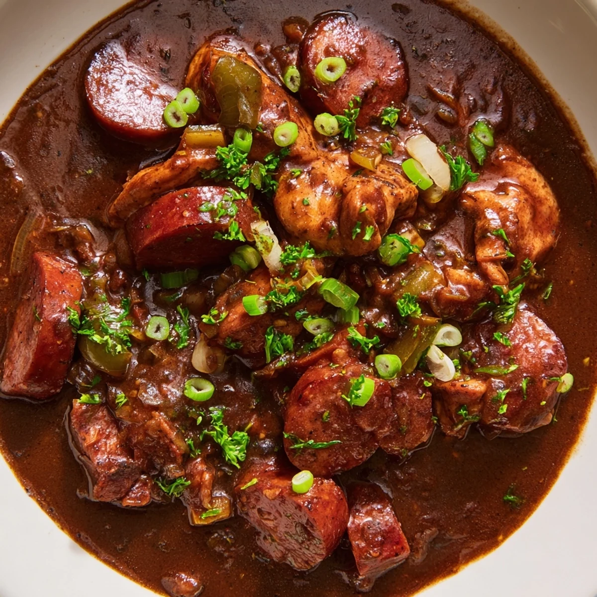 Rich Cajun Chicken and Beef Sausage Gumbo with smoky sausage and tender chicken in dark roux.