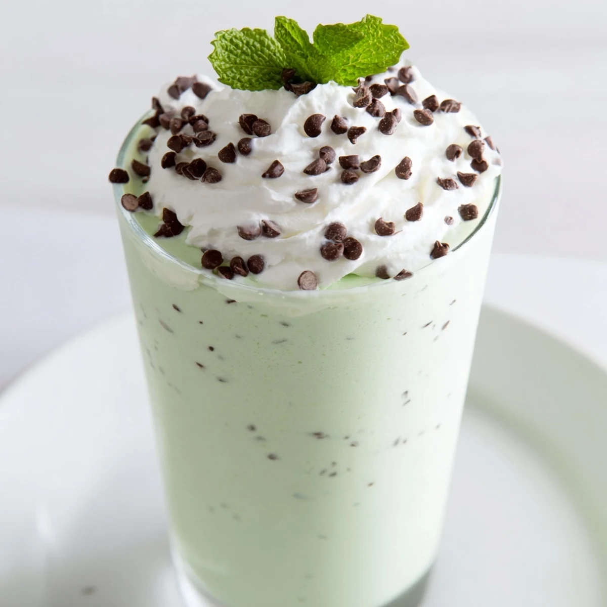A frosted glass of Mint Chocolate Chip Milkshake with Whipped Cream beside a blender and mint sprigs.