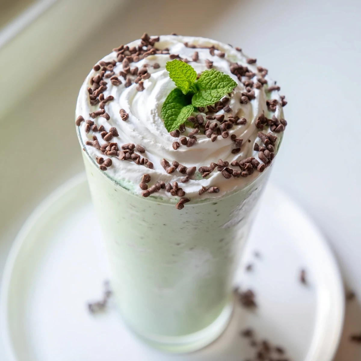 Close-up of Mint Chocolate Chip Milkshake with Whipped Cream topped with extra chocolate chips on a striped straw.