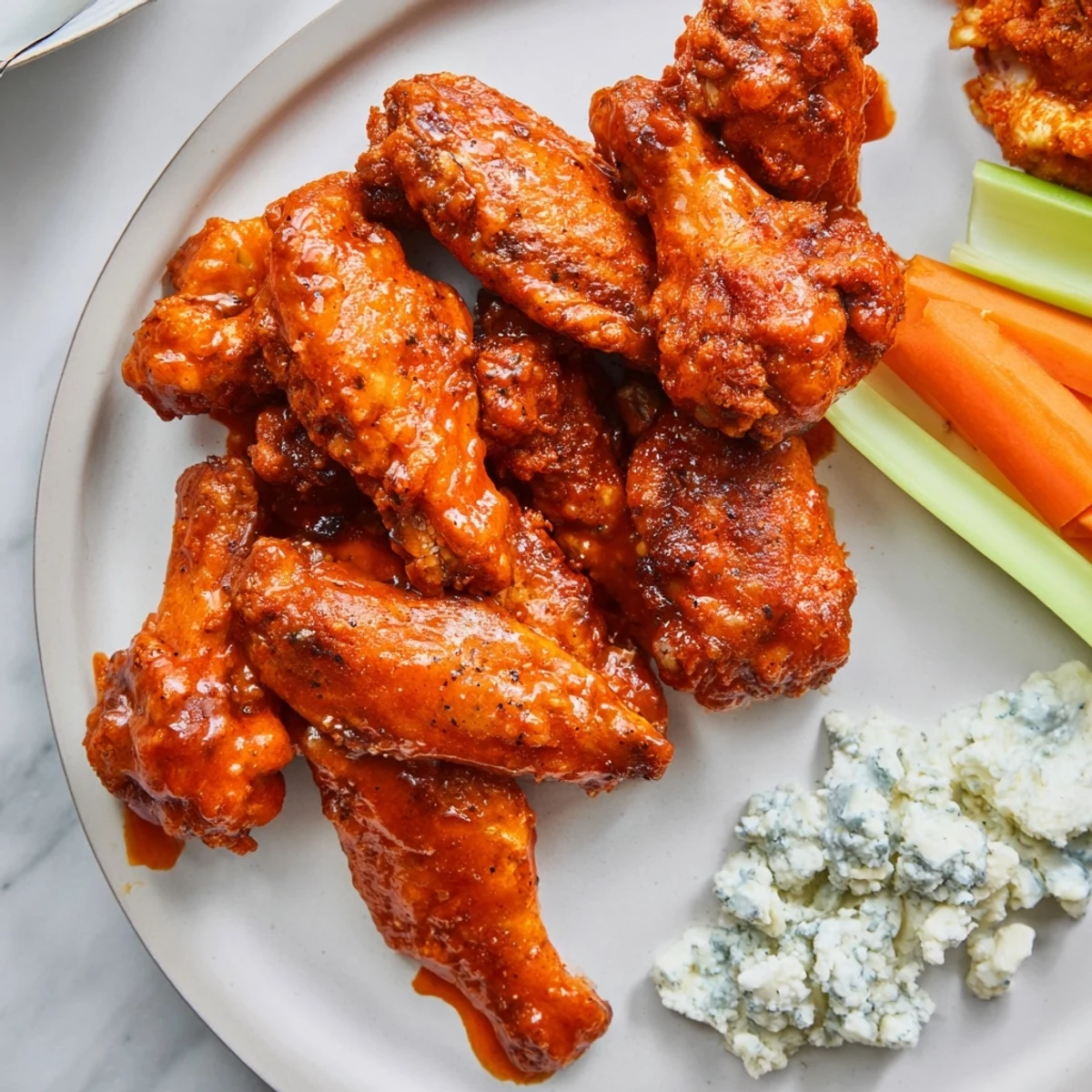 Golden brown Crispy Buffalo Chicken Wings with Blue Cheese Dip piled on a wire rack next to creamy dip and celery sticks.
