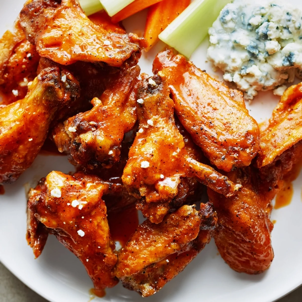 Overhead view of Crispy Buffalo Chicken Wings with Blue Cheese Dip and crisp veggies arranged on a platter for game day.