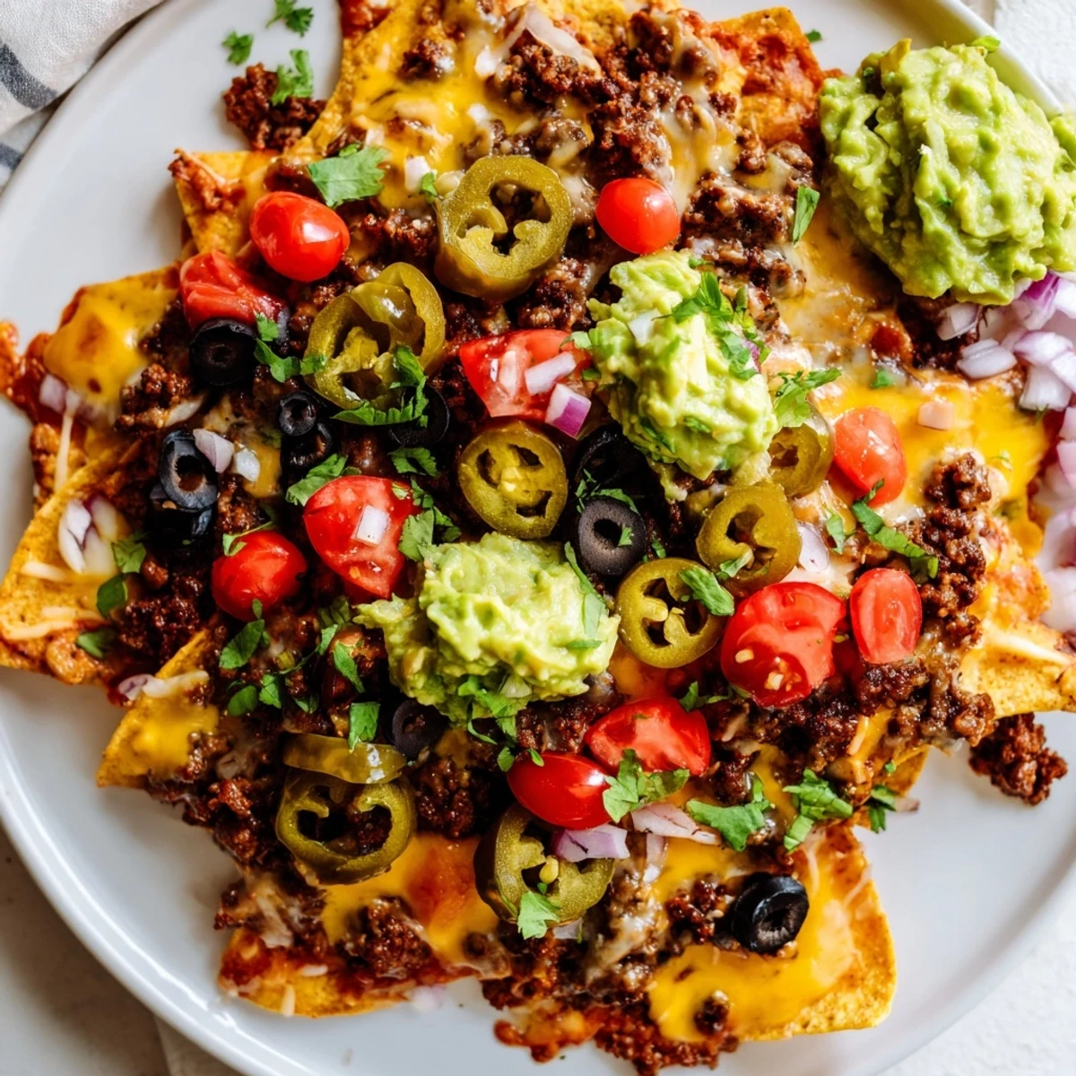 A close-up of Tex-Mex Spicy Beef Nachos Supreme with Guacamole, topped with cherry tomatoes, black olives, and a drizzle of sour cream.