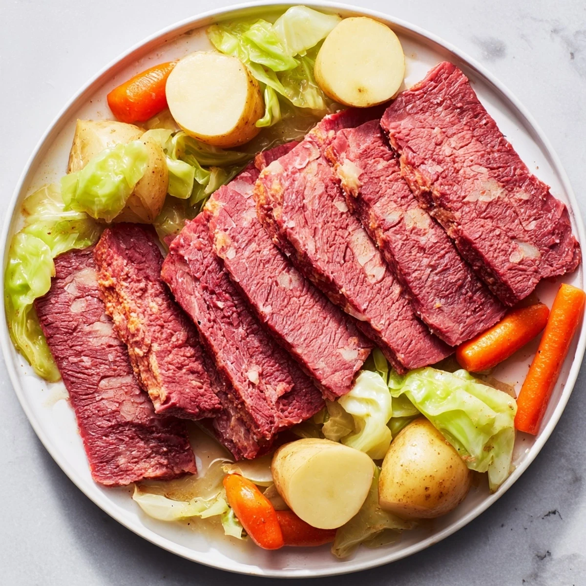 Corned beef brisket slow-cooked with cabbage, potatoes, and carrots, a hearty St. Patrick's Day meal.