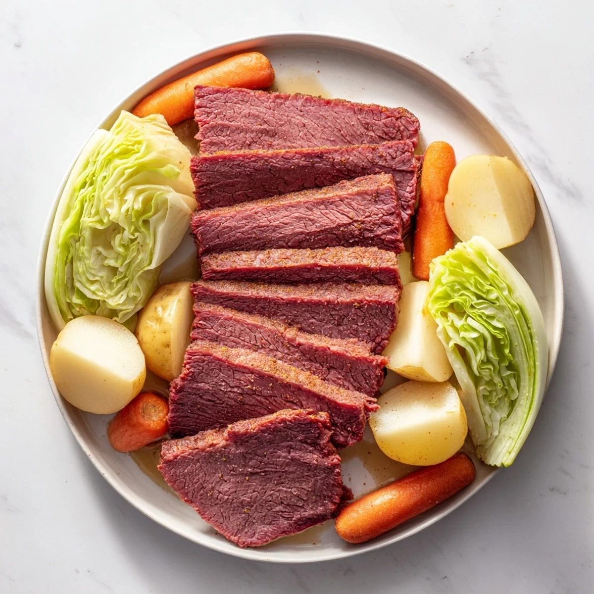 Sliced corned beef brisket slow-cooked with cabbage and vegetables, served with grainy mustard on the side.