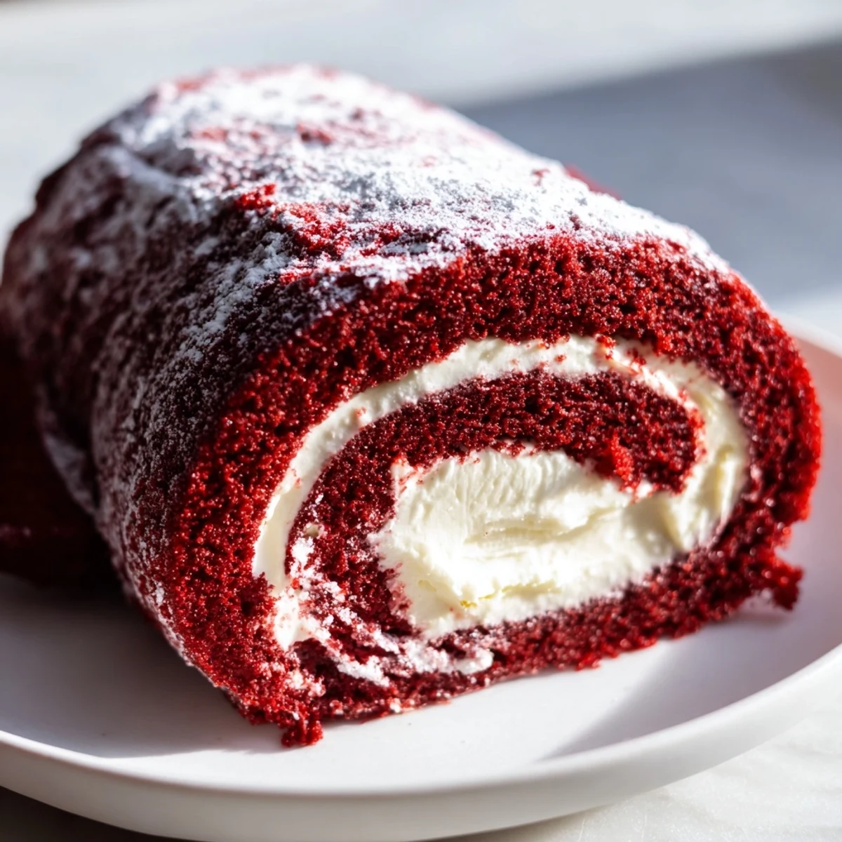 Perfectly rolled Red Velvet Cake Roll with cream cheese filling, ready to serve on a festive plate with berries and a dollop of extra filling.