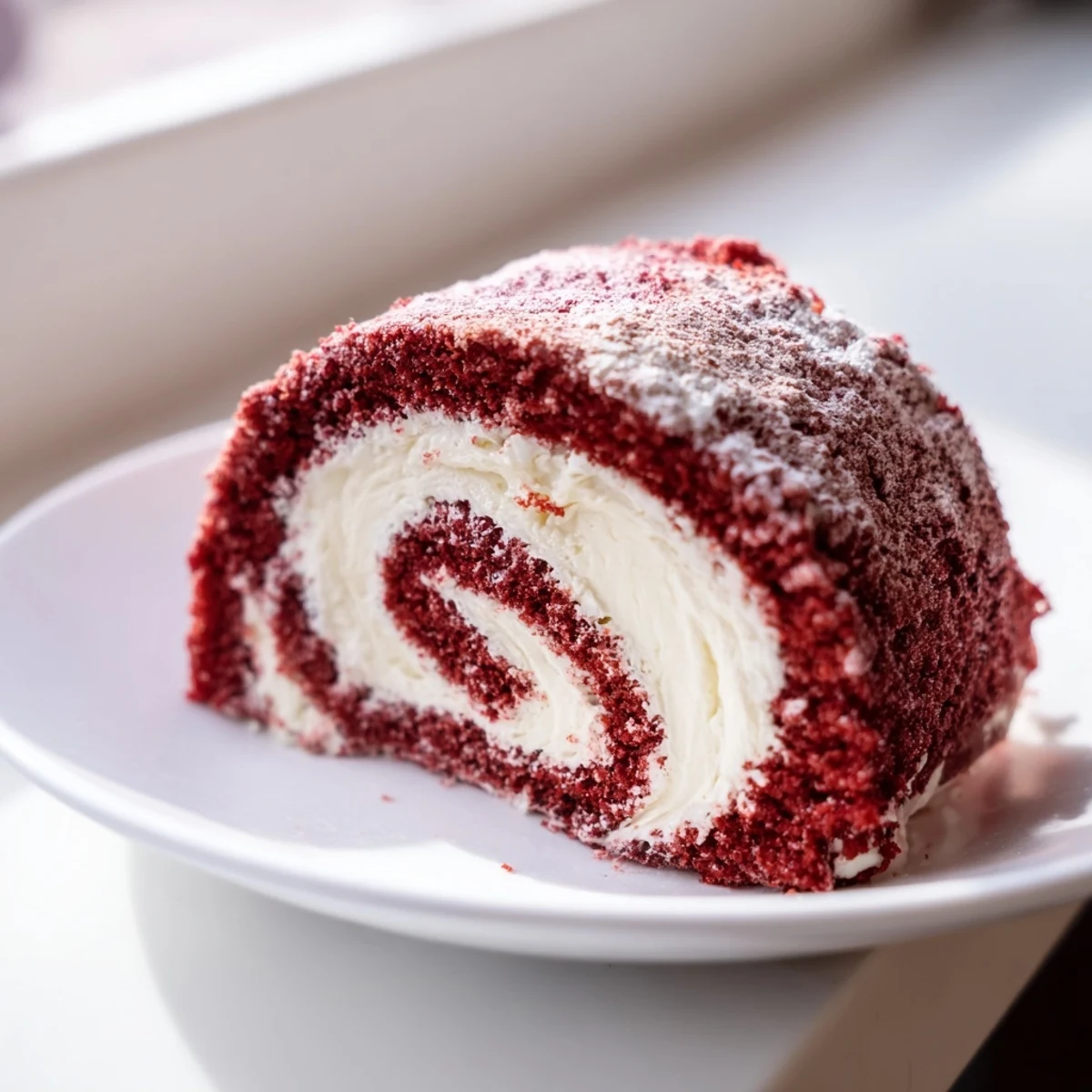 Homemade Red Velvet Cake Roll with cream cheese filling, unfurled to show the rich red sponge and fluffy white vanilla frosting spread inside.