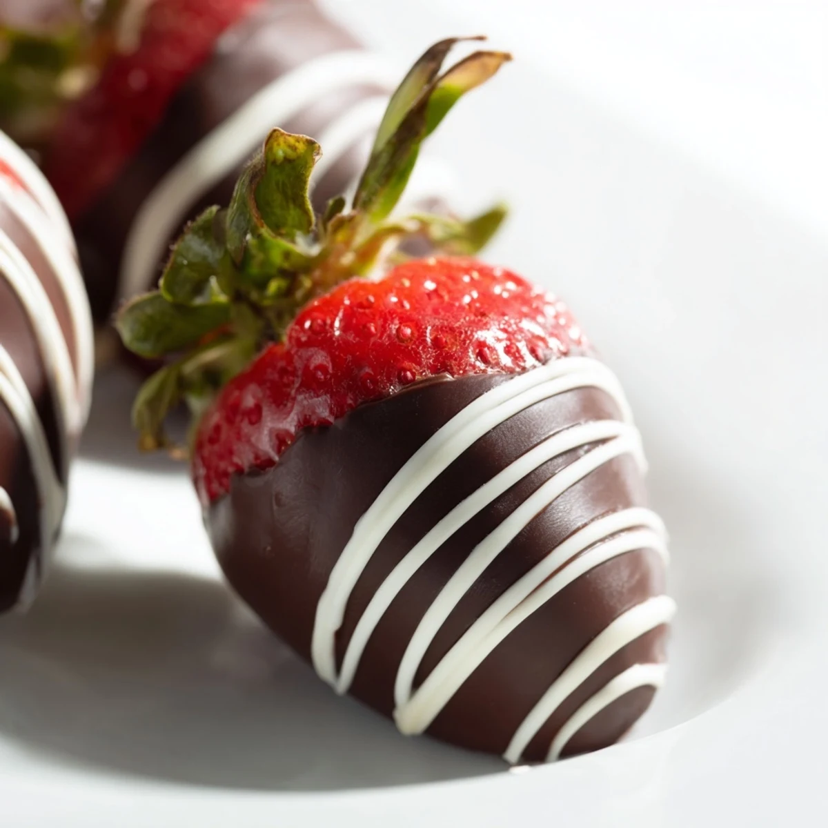 Glossy chocolate dipped strawberries with white chocolate drizzle cooling on a chilled tray, ready for a romantic dessert.