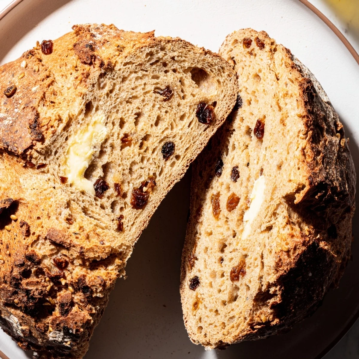 Freshly baked Irish Soda Bread with currants and caraway rests on a wire cooling rack, showcasing a golden-brown crust with a deep cross slash, perfect for serving with salted butter and jam.