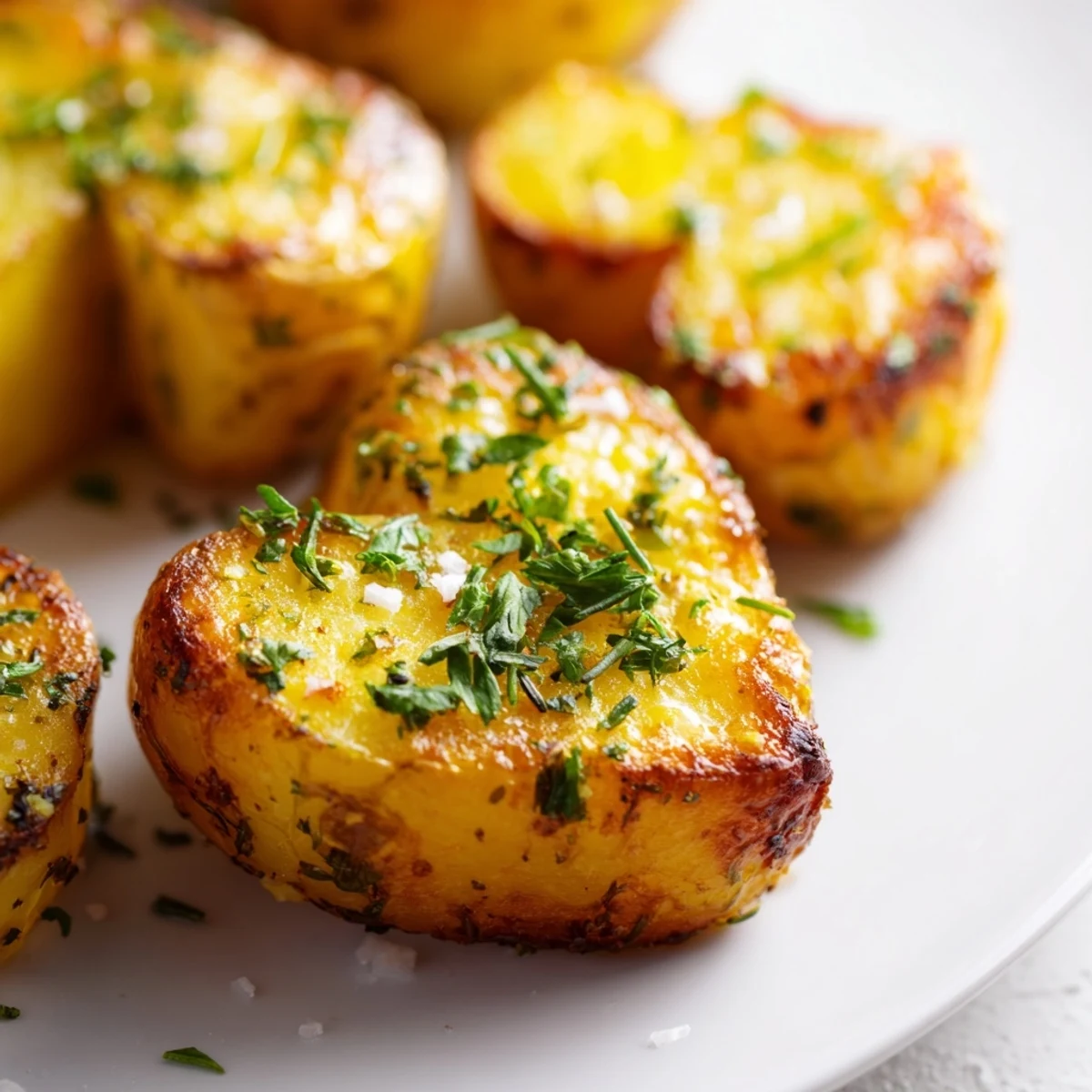 Golden-brown roasted heart shaped potatoes glistening with garlic and herbs on a white platter.
