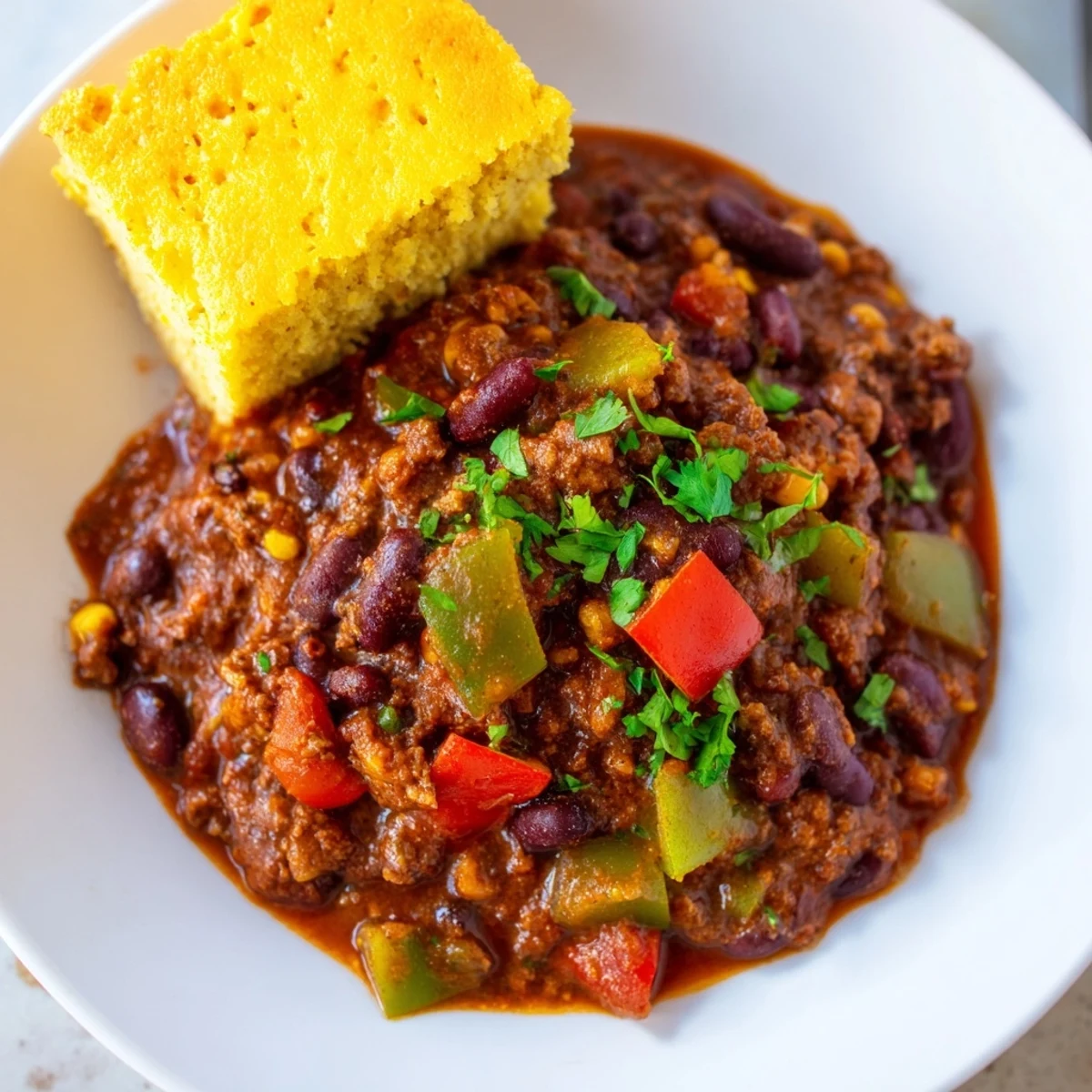 Steaming pot of Game Day Beef Chili with melted cheddar and a side of cornbread, perfect for a game day spread.
