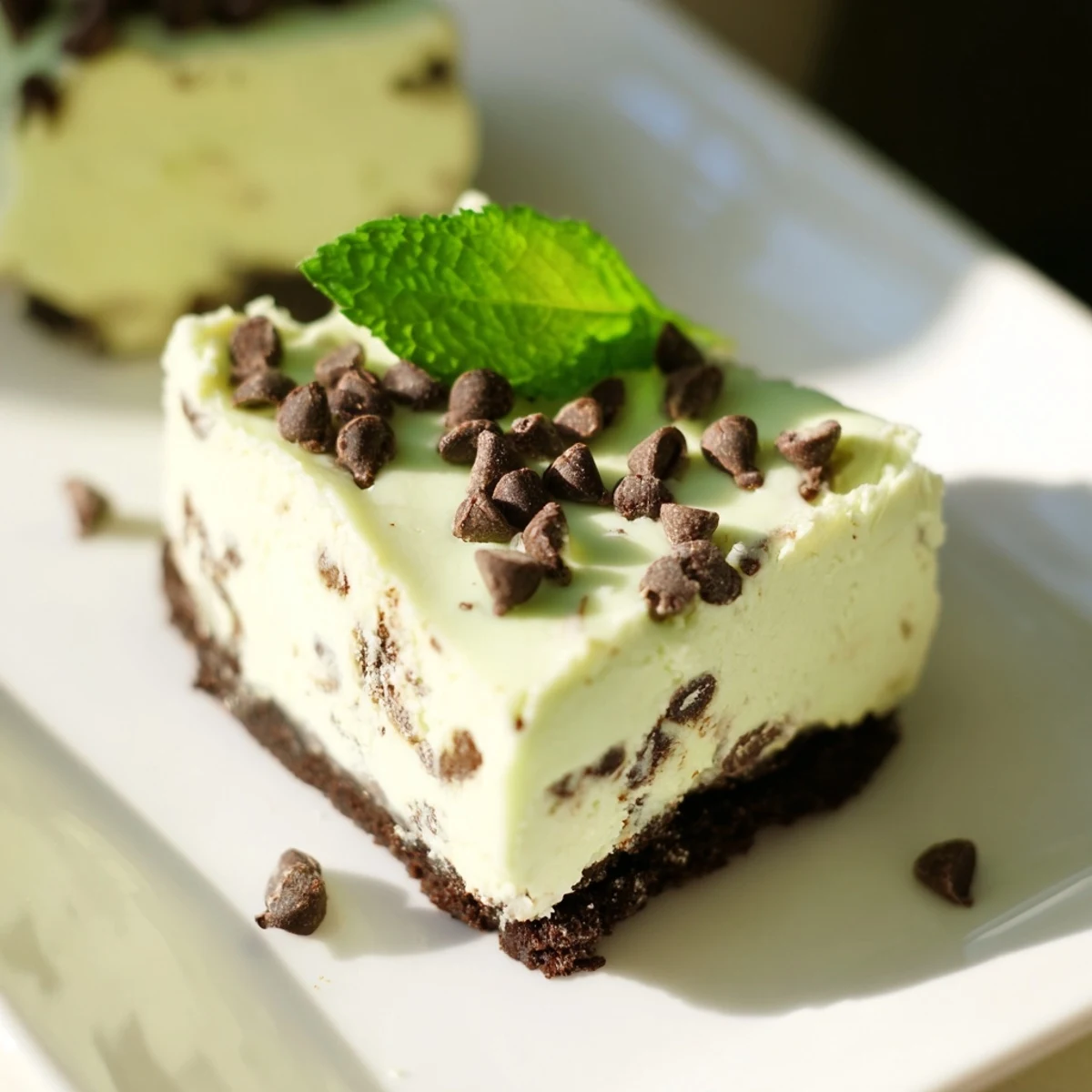 Individually wrapped mint chocolate chip cheesecake bars ready for serving, displaying their green hue and chocolate chip-studded texture.