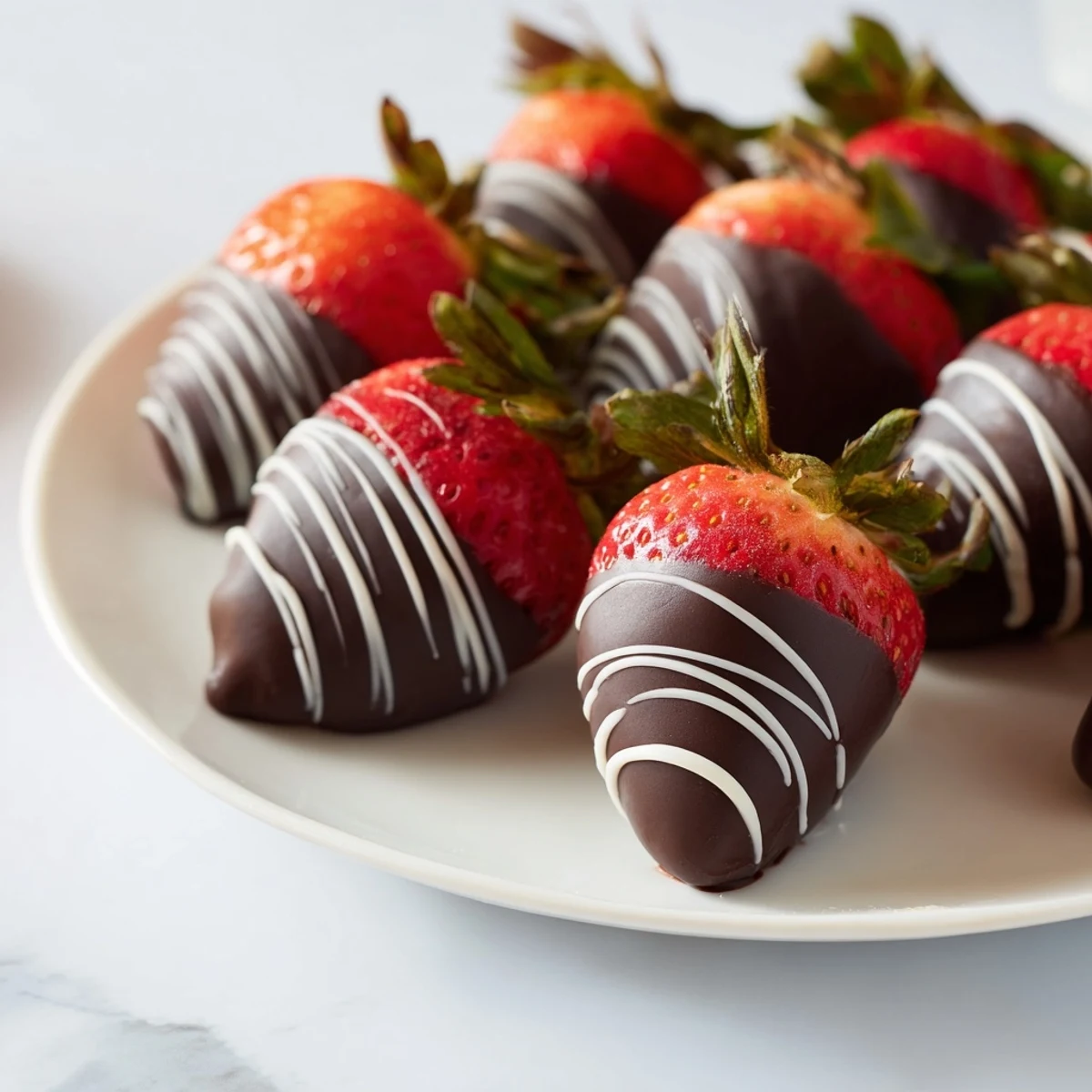 A fresh platter of chocolate dipped strawberries with white drizzle, garnished with mint leaves and served alongside champagne flutes.