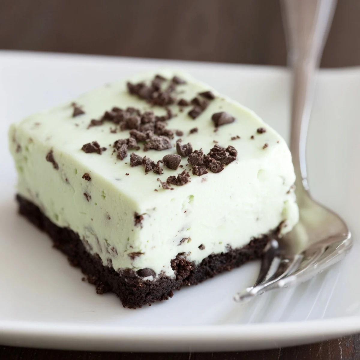 Cooling Mint Chocolate Chip Cheesecake Bars are cut into neat squares, revealing a creamy green filling studded with chocolate chips atop a dark cookie crust.