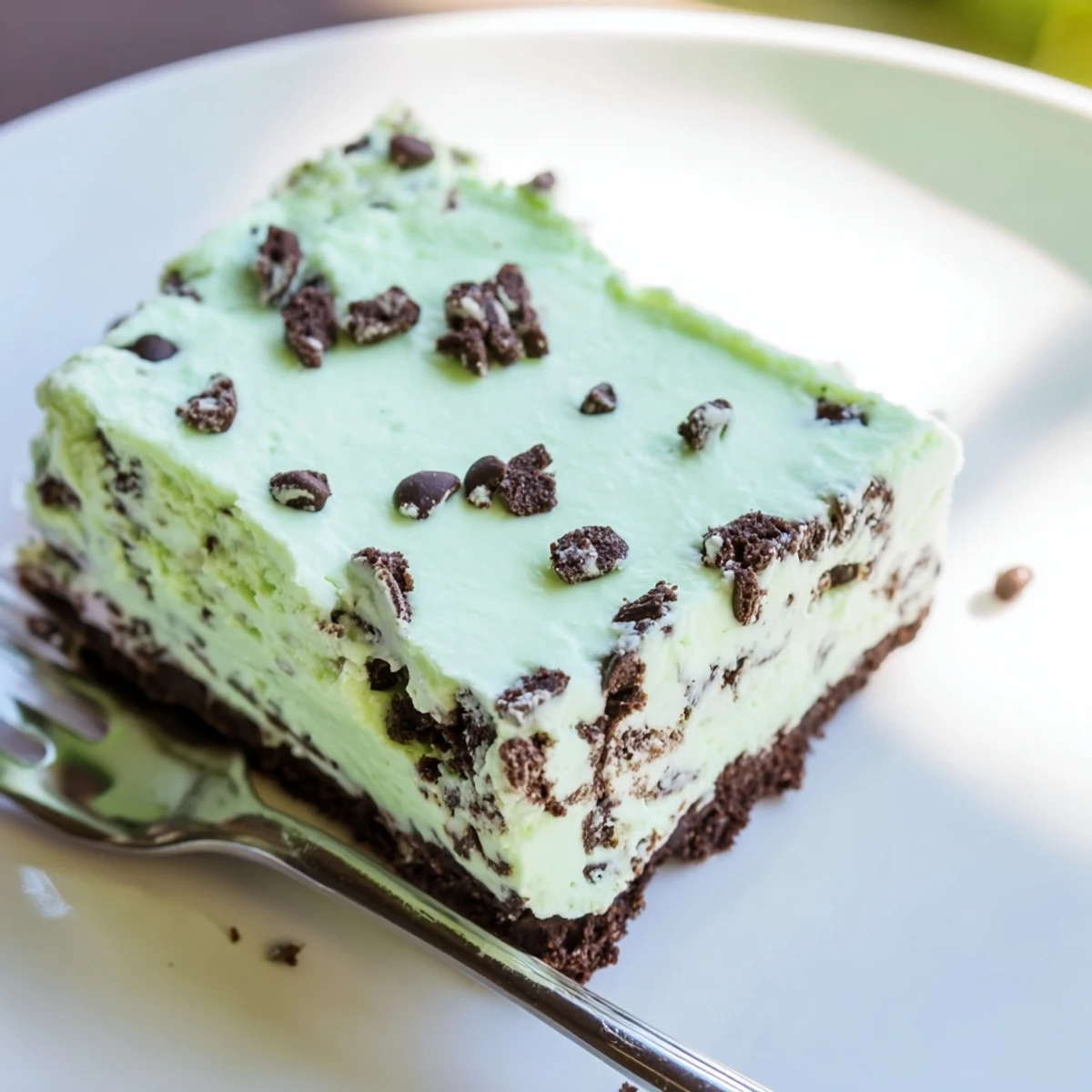 A close-up of Mint Chocolate Chip Cheesecake Bars shows the smooth, minty cheesecake layer and crunchy chocolate cookie base, ideal for a sweet treat.