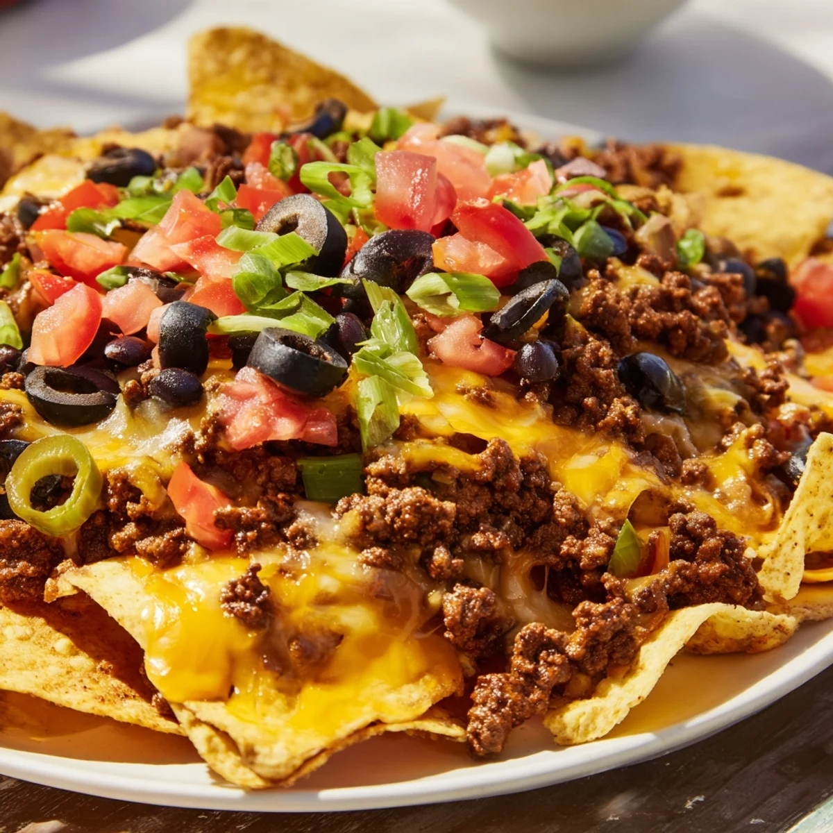 A close-up of Spicy Beef Nachos Supreme with Fresh Guacamole, showing melted cheddar and Monterey Jack over seasoned beef on crispy tortilla chips, topped with black beans and green onions.