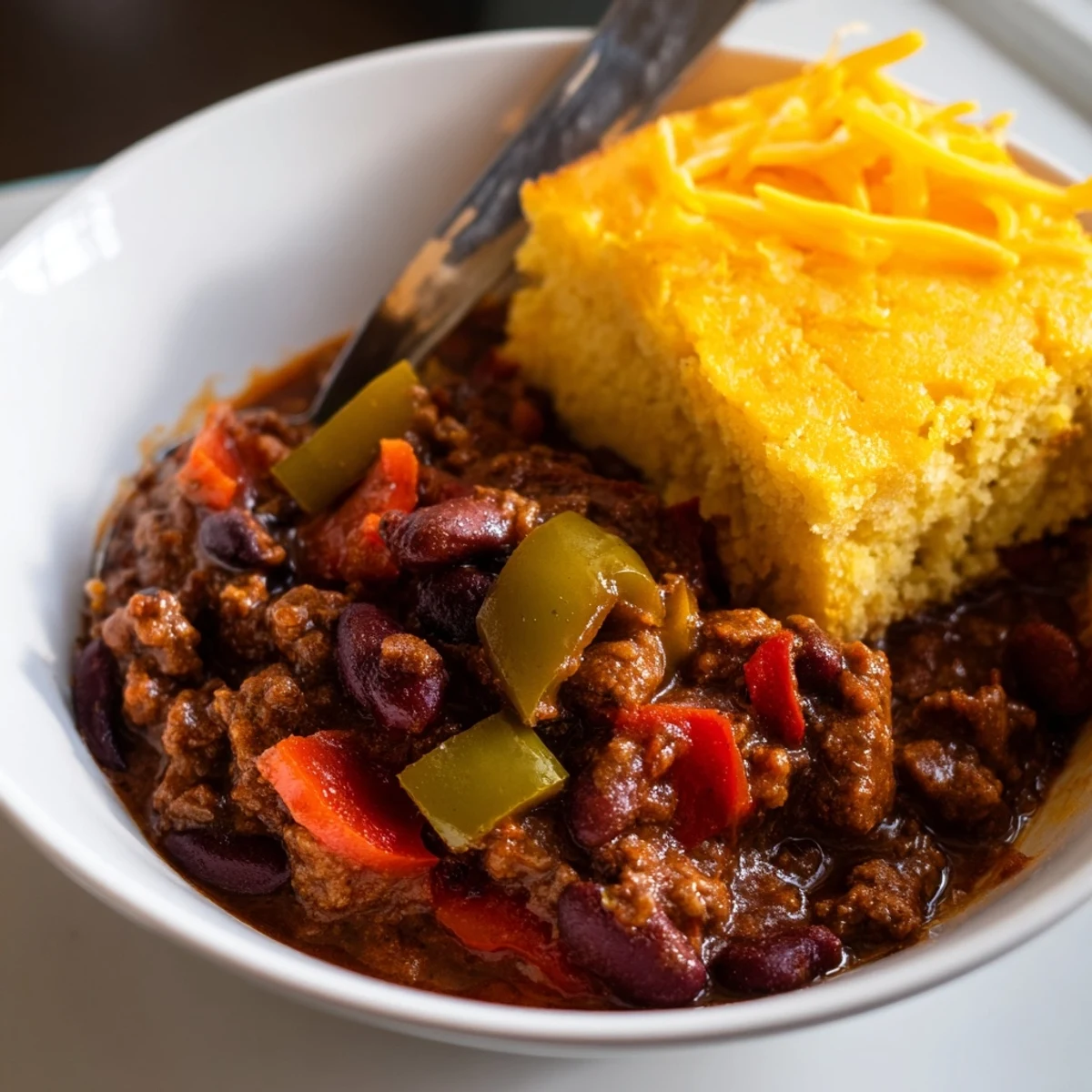 A warm bowl of Game Day Beef Chili topped with melted cheddar, served alongside golden, cheesy cornbread wedges.